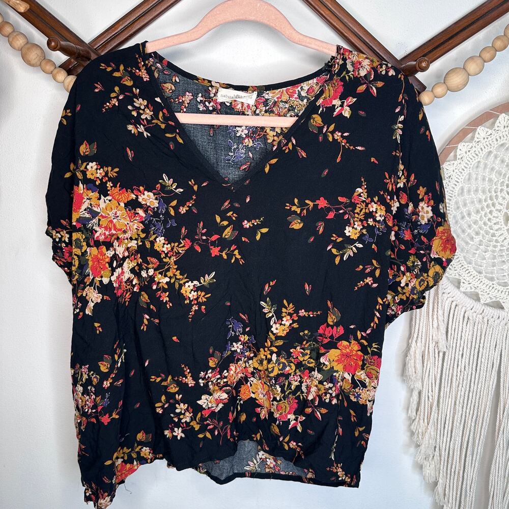 Natural Life Black Floral V Neck Top